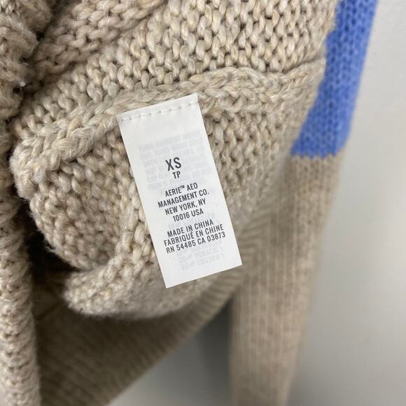 Aerie Mock Neck Sweater Blue Tan Striped Casual Cozy Pullover Size XS - Picture 6 of 11